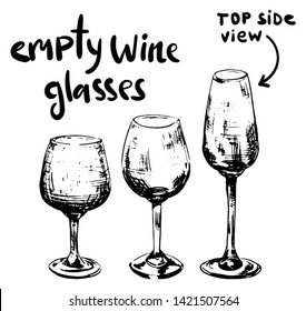 different empty wine glasses from top side view, black and white isolated illustration