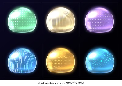 Different energy protection spheres set. Science fiction deflector elements, firewall absolute protection isolated on black background, Realistic 3d vector set