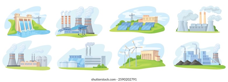 Different energy stations. Renewable power sources factory plant production, gas wind solar coal nuclear electricity hydroelectric dam industrial building, neat vector illustration original artwork