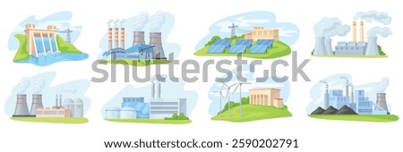 Different energy stations. Renewable power sources factory plant production, gas wind solar coal nuclear electricity hydroelectric dam industrial building, neat vector illustration original artwork