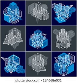 Different engineering constructions collection, abstract vectors set.