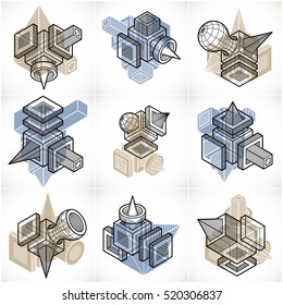Different engineering constructions collection, abstract vectors set.