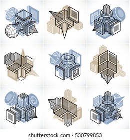 Different engineering constructions collection, abstract vectors set.