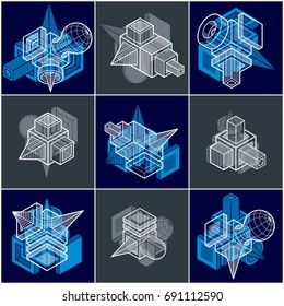 Different engineering constructions collection, abstract vectors set.