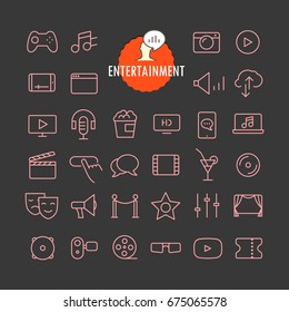Different entertainment icons vector collection. Web and mobile app outline icons set on dark background