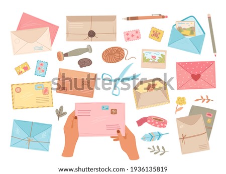 Different envelopes. Letter in envelope, postcard delivery and handmade craft card. Hands holding mail, pencil pen and post stamp exact vector set