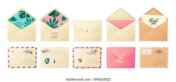 Different envelopes set. Craft envelopes with various post stamps, postmarks and lettering - thank you, love. Cartoon vector illustration.