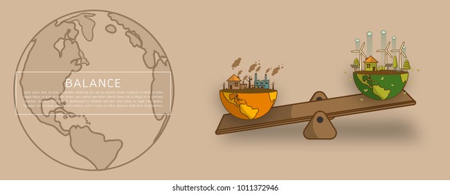 The different of Environmentally landscape factory and forest ,green earth- ecology concept green information with World globe on a scale . Balance concept. Flat vector illustration
