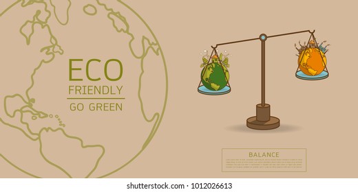 The different of Environmentally landscape factory and forest ,green earth- ecology concept green information with World globe on a scale . Balance concept. Flat vector illustration