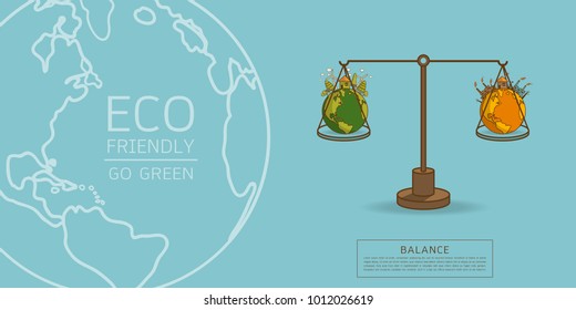 The different of Environmentally landscape factory and forest ,green earth- ecology concept green information with World globe on a scale . Balance concept. Flat vector illustration