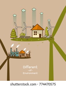 The different of Environmentally landscape factory and forest ,green earth- ecology concept green information with ecology and green city of energy saving or clean energy with green collection.