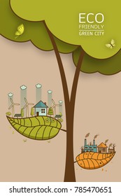 The different of Environmentally landscape factory and forest ,green earth- ecology concept green information with ecology and green city of energy saving or clean energy with green collection.
