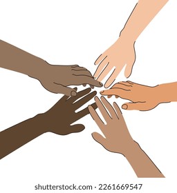 different but equal. banner with hands of different skin colors stacked on top of each other as teamwork