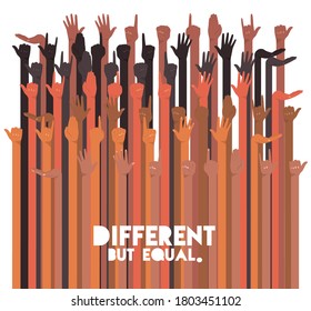 different but equal and diversity skins hands up design, people multiethnic race and community theme Vector illustration