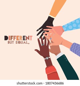 different but equal and diversity skins hands touching each other design, people multiethnic race and community theme Vector illustration