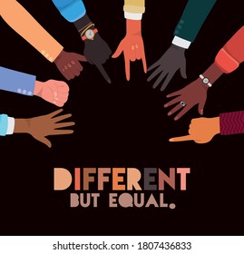 different but equal and diversity skins hands signs design, people multiethnic race and community theme Vector illustration