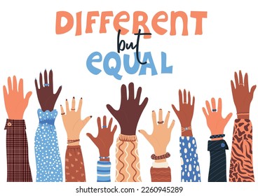 Diferentes pero iguales. Manos de personas multiétnicas. Diversidad, inclusión y concepto de equidad. Igualdad racial y antirracismo. Sociedad multicultural. Ilustración del vector