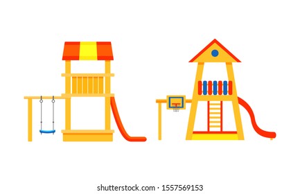 Different Equipment Of Children Playground Flat Vector Illustrations