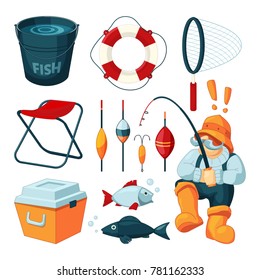 Different equipment for fishing. Fisherman with rod. Vector pictures set. Fisherman and fishing rod, hobby sport and leisure illustration