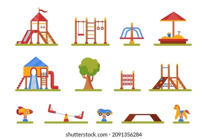 Different equipment for kids playground vector illustrations set. Fun park games for children, sandpit, slide, swing isolated on white background. Outdoor activity, childhood, leisure concept