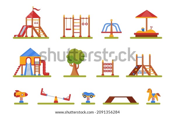 Different equipment for kids playground vector\
illustrations set. Fun park games for children, sandpit, slide,\
swing isolated on white background. Outdoor activity, childhood,\
leisure concept