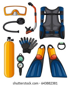 Different equipments for scuba diving illustration