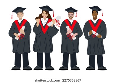 Different ethnic graduated students. Happy students with diplomas wearing academic gown and graduation cap, group with education certificate. Vector illustration