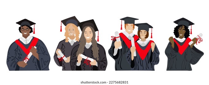 Different ethnic graduated students. Happy students with diplomas wearing academic gown and graduation cap, group with education certificate. Vector illustration