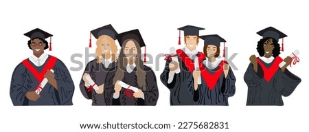 Different ethnic graduated students. Happy students with diplomas wearing academic gown and graduation cap, group with education certificate. Vector illustration