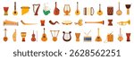 Different ethnic musical instruments set. Retro equipment of folk ensemble collection with drum and violin, acoustic guitar and bagpipes, maracas and shofar, alphorn cartoon vector illustration