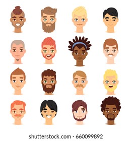 Different ethnic nationality affiliation man head face vector icons.