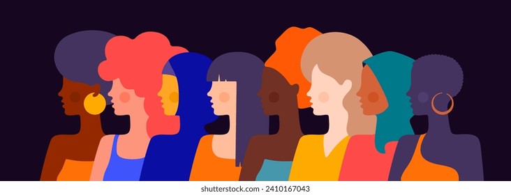 Distintas etnias multiétnicas, multinacionales, mujeres de belleza del desfile. Sencillas mujeres de diferentes nacionalidades, razas, árabes, asiáticas, europeas, africanas. Chinas, latinas. Ilustración vectorial