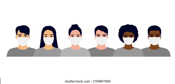 Different ethnicity and nationalities people wearing medical face masks to prevent disease, flu, air pollution. Unity African, Asian, European and American. Concept of coronavirus quarantine. Vector