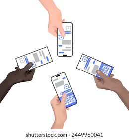 Different ethnicity and races Hand holds the smartphone with messenger application. Vector.