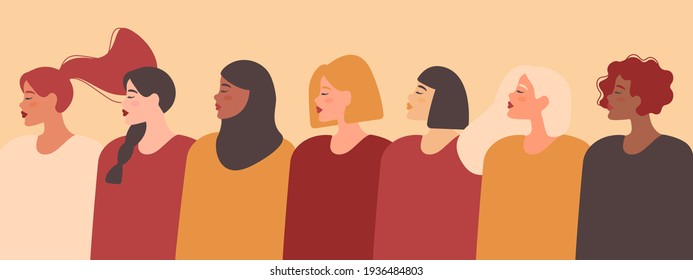 Different ethnicity women: African, Asian, Chinese, European, Latin American, Arab. Vector banner with women of different nationalities and cultures. Women's struggle for freedom and equality.