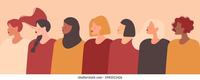 Different ethnicity women: African, Asian, Chinese, European, Latin American, Arab. Vector banner with women of different nationalities and cultures. Women's struggle for independence, equality.