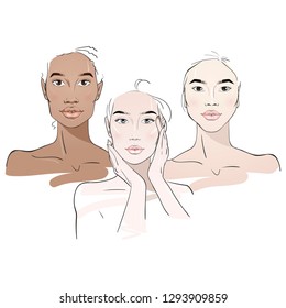 Different ethnicity women. Fashion woman sketch. Hand drawn vector illustration. 