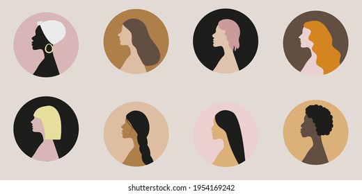Different ethnicity women icons. Set of women silhouettes with different skin tones and hairstyles. Vector illustration of women profiles.