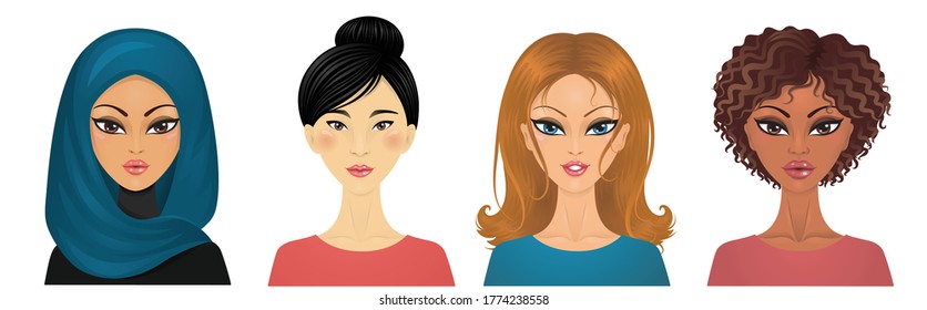  Different ethnicity women. Isolated on white. Vector illustation.