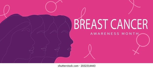 Different ethnicity women profile. Breast cancer awareness month banner. Vector illustration