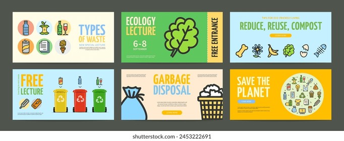 Different Events and Lectures Recycle Concept Horizontal Poster Banner Card Set with Thin Line Elements. Vector illustration