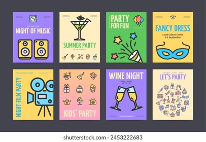 Different Events Party Concept Placard Poster Invitation Banner Card Set with Thin Line Elements. Vector illustration