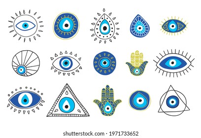 Different Evil Eye or Turkish Traditional Amulet Talisman Sign Color Thin Line Icon Set. Vector illustration of Icons