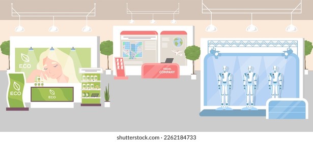 Different exhibit booths. Vector trade area interior, presentation showcase design. Travel, eco products and robotic technology exhibition illustration