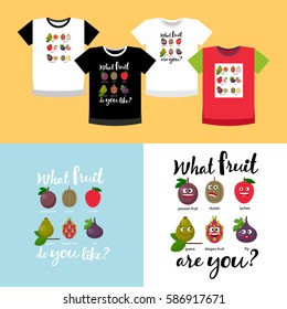Different exotic fruits and variations of printing on T-shirts
