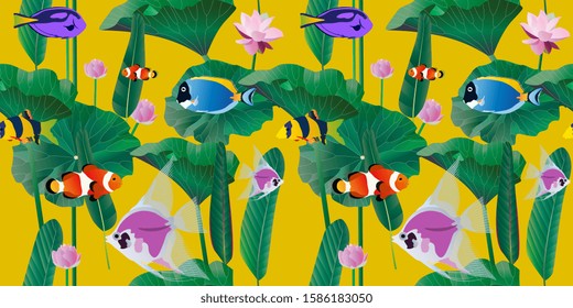 Different exotic tropical fish, algae, palm tree leaves and inflorescence of water lily. Vector illustration. Saturation yellow background. Endless pattern. EPS 10