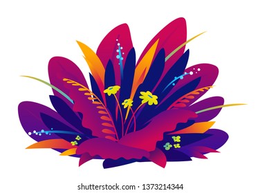 Different exotic violet plants on ground with grass and flowers isolated, decoration of tropical plants assorted together, great bush of fantastic plants