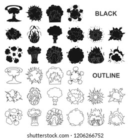 Different explosions black icons in set collection for design.Flash and flame vector symbol stock web illustration.