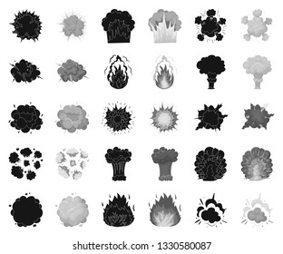 Different explosions black,monochrome icons in set collection for design.Flash and flame vector symbol stock web illustration.