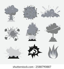 Different explosions monochrome icons in set collection for design.Flash and flame bitmap symbol stock web illustration.